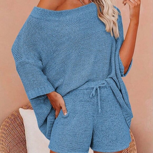 Tops - Blue Casual Women's Asymmetrical Collar Loose Drop Sweater And Shorts Set